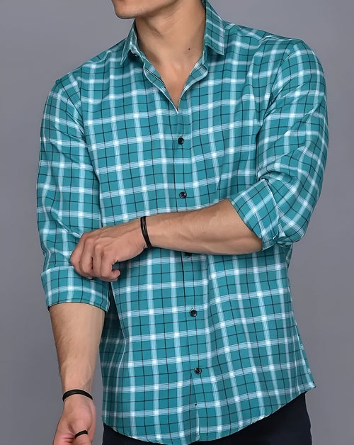 Man in Turquoise Checkered Shirt Adjusting Sleeves (Size M)